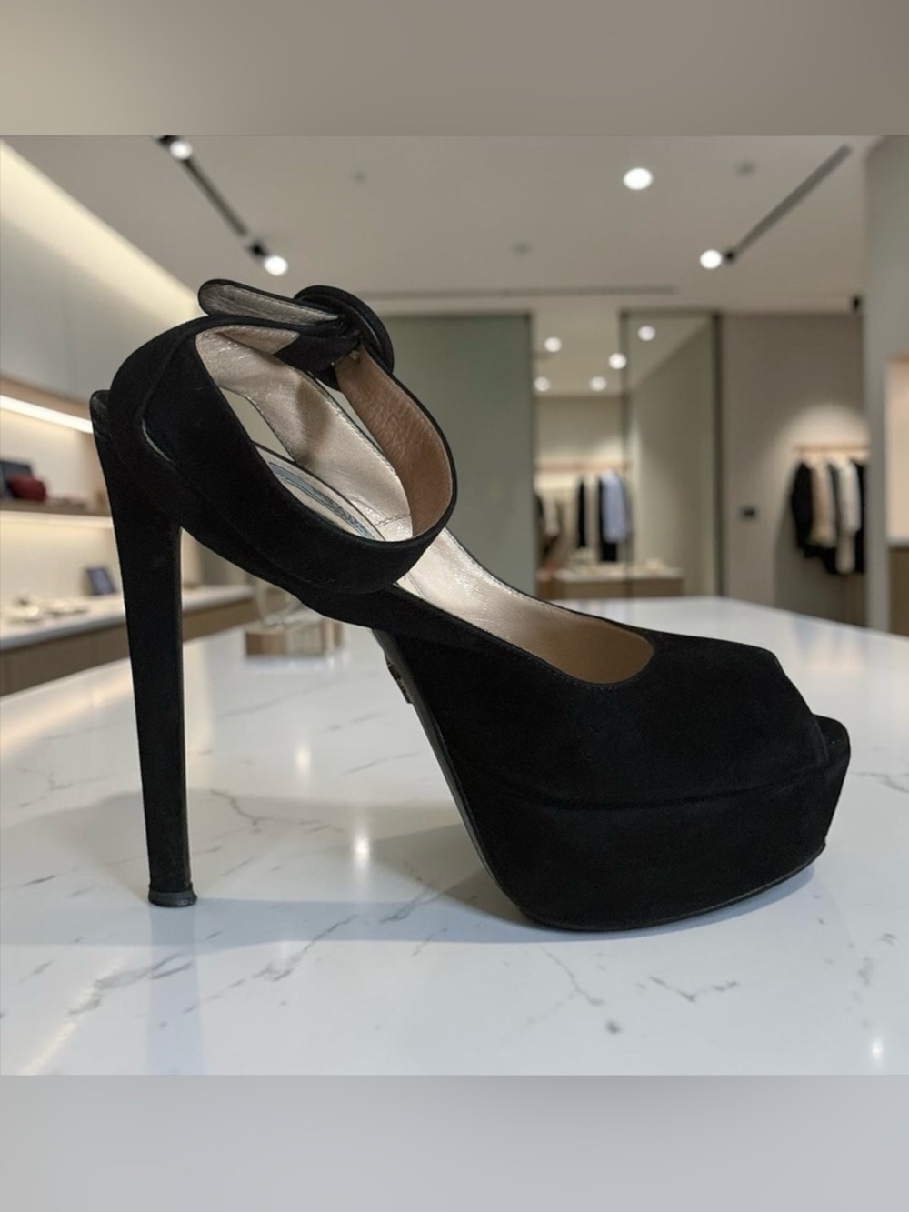 Prada Black Suede Peep Toe Platform Ankle Strap Heels Pumps 36 (EU) 6 US) Italy